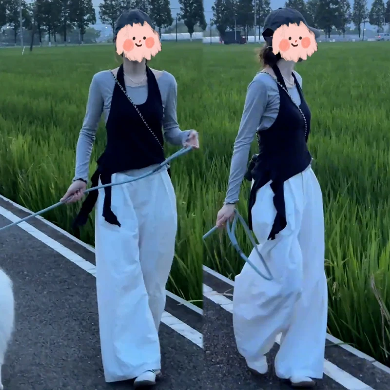 韩系时尚套装女秋季新款挂脖飘带设计感长袖上衣高腰阔腿裤三件套