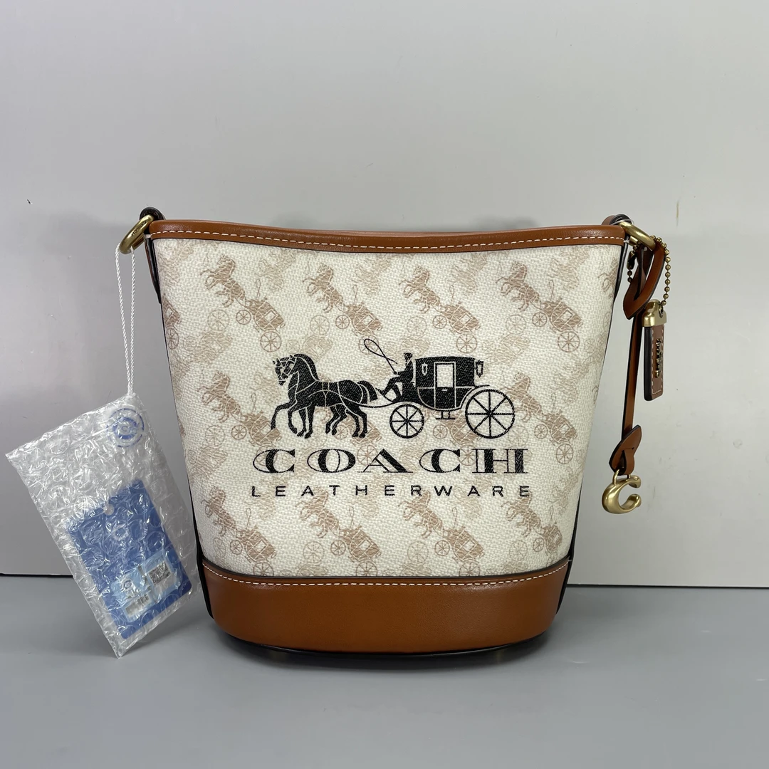 95新 COACH/蔻驰 小林dakotah棕拼白马车小水桶16*18*10cmB070405