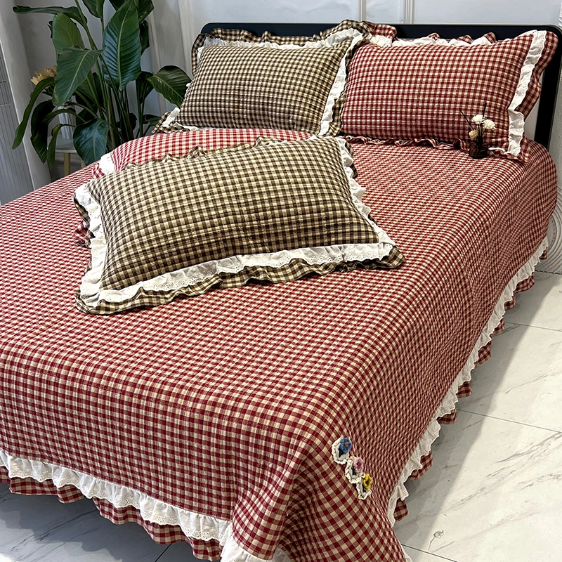 法式花边红格子全棉色织水洗棉床盖2024新款四季通用加厚夹棉床单