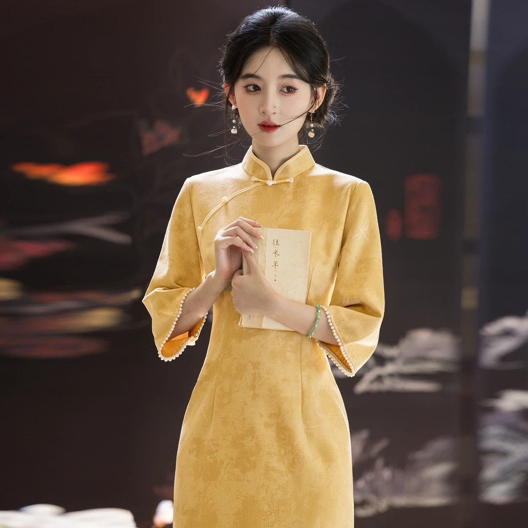 【近黄昏】黄色倒大袖旗袍2025春季年新款年轻款少女日常可穿改良