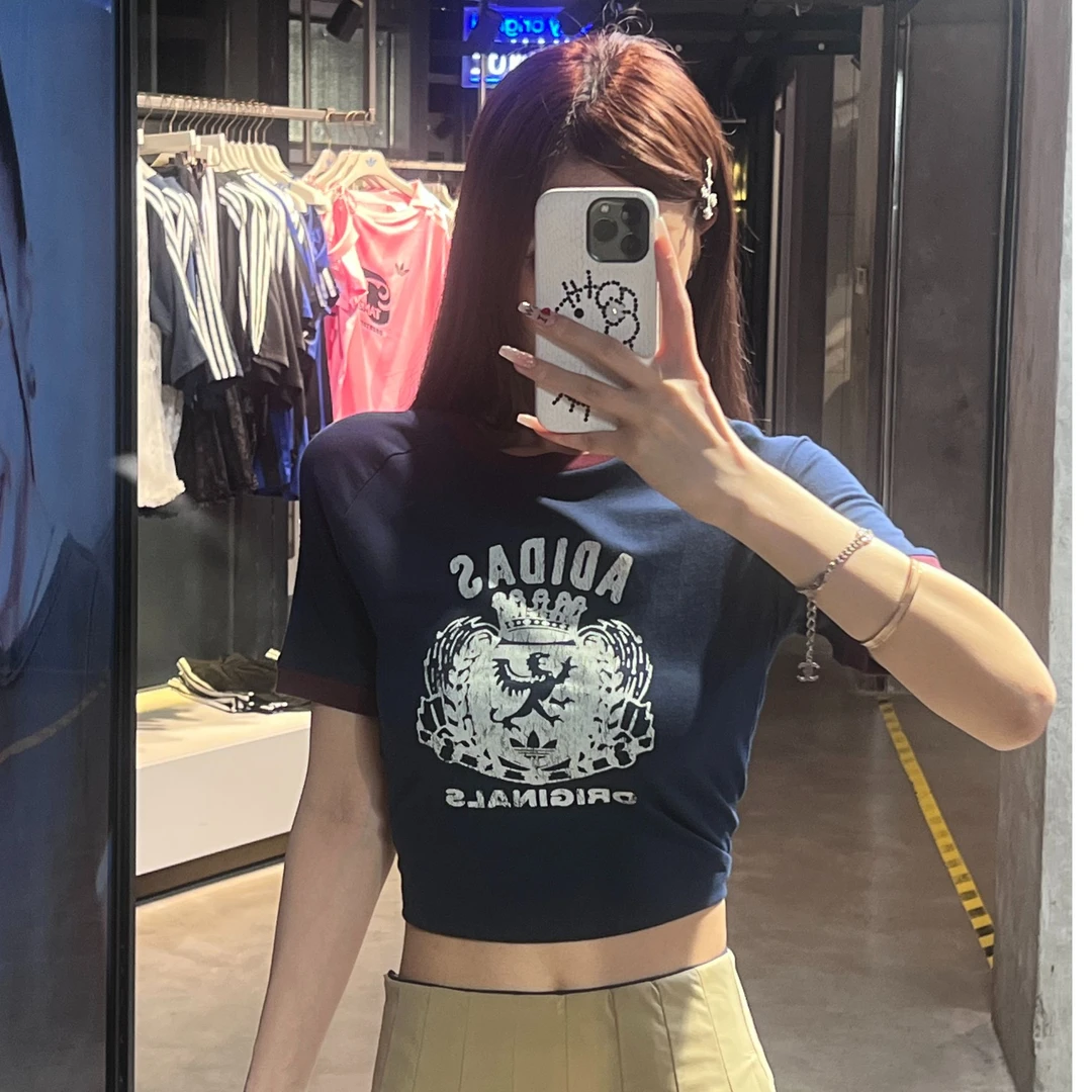 百搭时尚短款蓝色圆领修身女子短袖T恤 JW6033