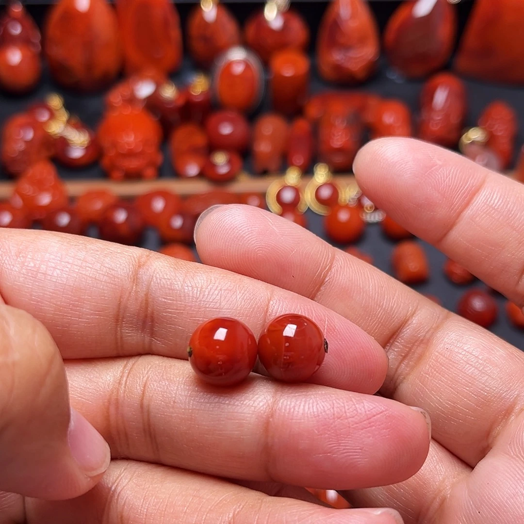 南红玛瑙未镶嵌配饰火焰纹圆珠对珠10.6mm