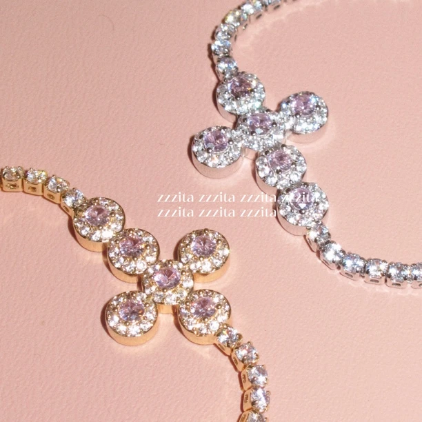 合金合成锆石手链 Playful Cutie•混血角色卡～小众粉钻十字架手链