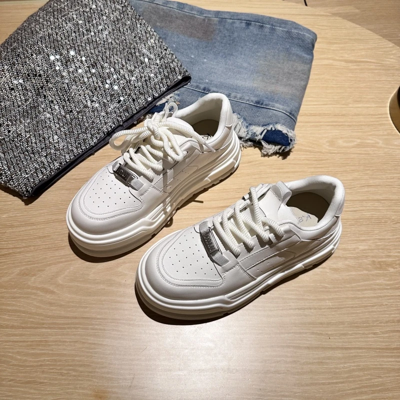 2025春季新款厚底牛皮系带小白鞋增高百搭显瘦休闲鞋运动鞋女鞋