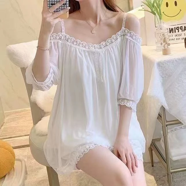 一字肩蕾丝网纱睡衣夏季薄款短袖纯欲风2025爆款家居服套装