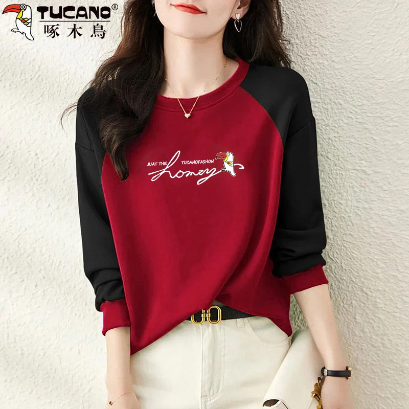 啄木鸟正品冬季加绒长袖上衣2025蛇年本命年设计感圆领时髦T恤女