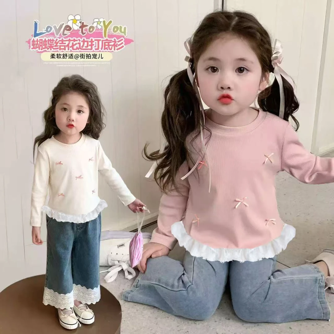 女童长袖t恤春秋装2025新款洋气儿童打底衫女宝宝春装花边上衣