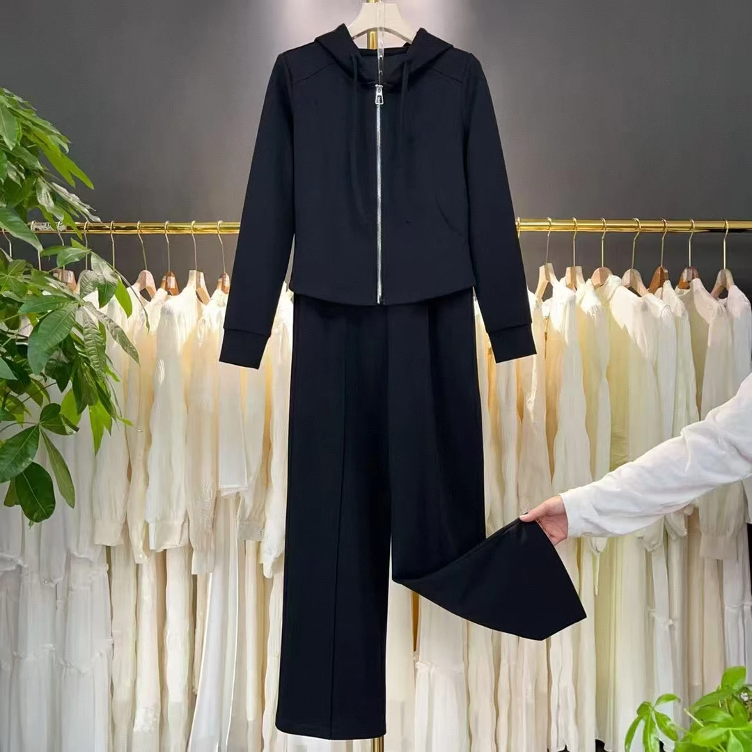 W653 春季新款时尚运动纯色套装气质减龄连帽卫衣直筒裤两件套