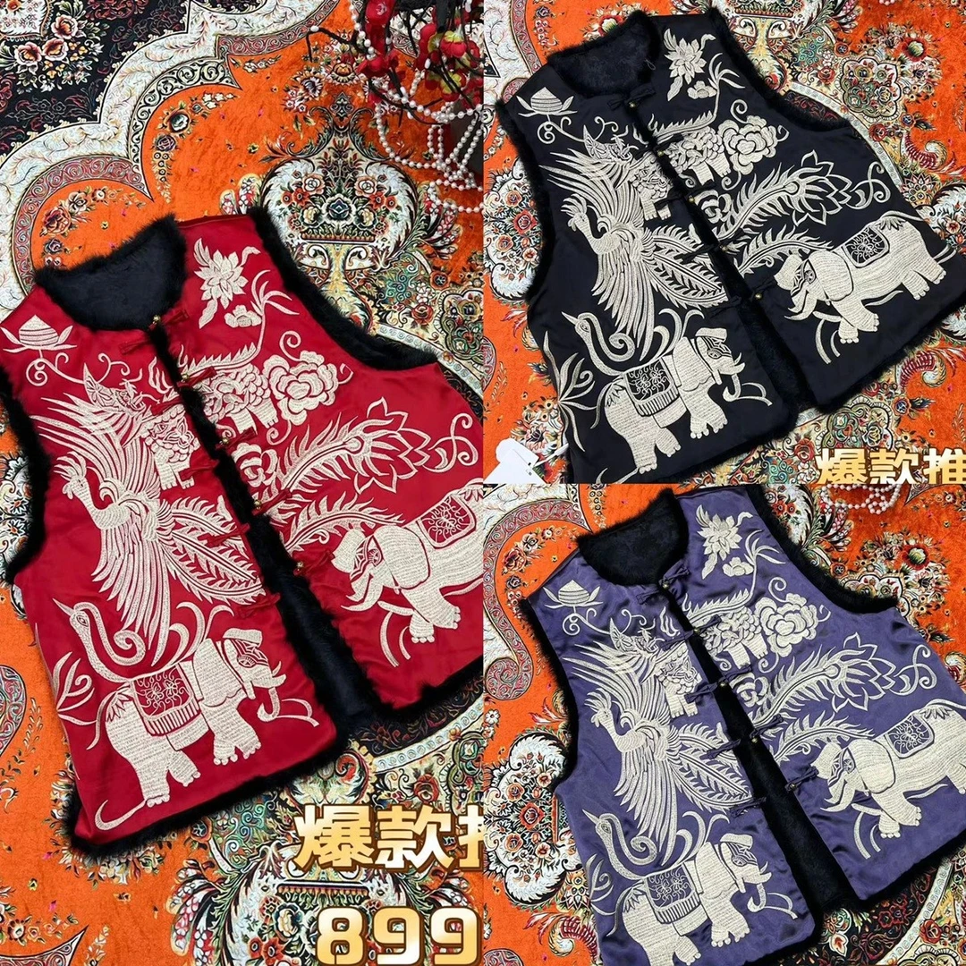 上新价~深圳89960丝绒棉马甲新中式国风凤飞吉象重工刺绣夹棉马夹