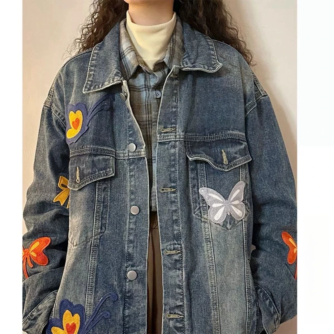2025春季宽松休闲美式蝴蝶刺绣水洗牛仔外套潮流百搭
