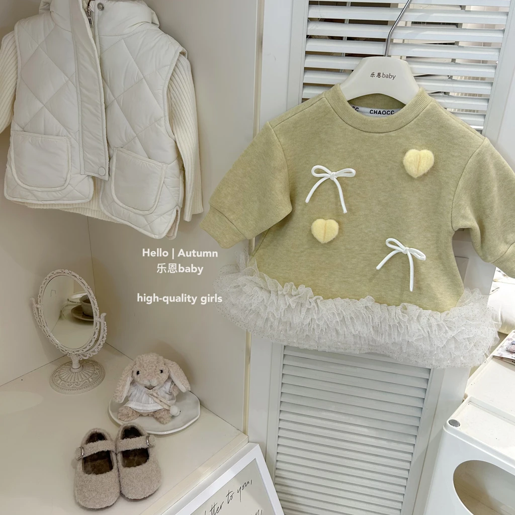 现货【乐恩童装】女童冬新年服连衣裙柠檬黄卫衣加绒裙宝宝时髦裙