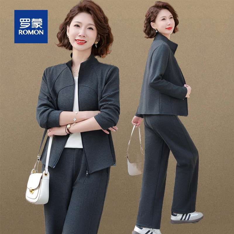 罗蒙气质妈妈春秋运动服套装女新款时尚纯色休闲两件套中年跑步服
