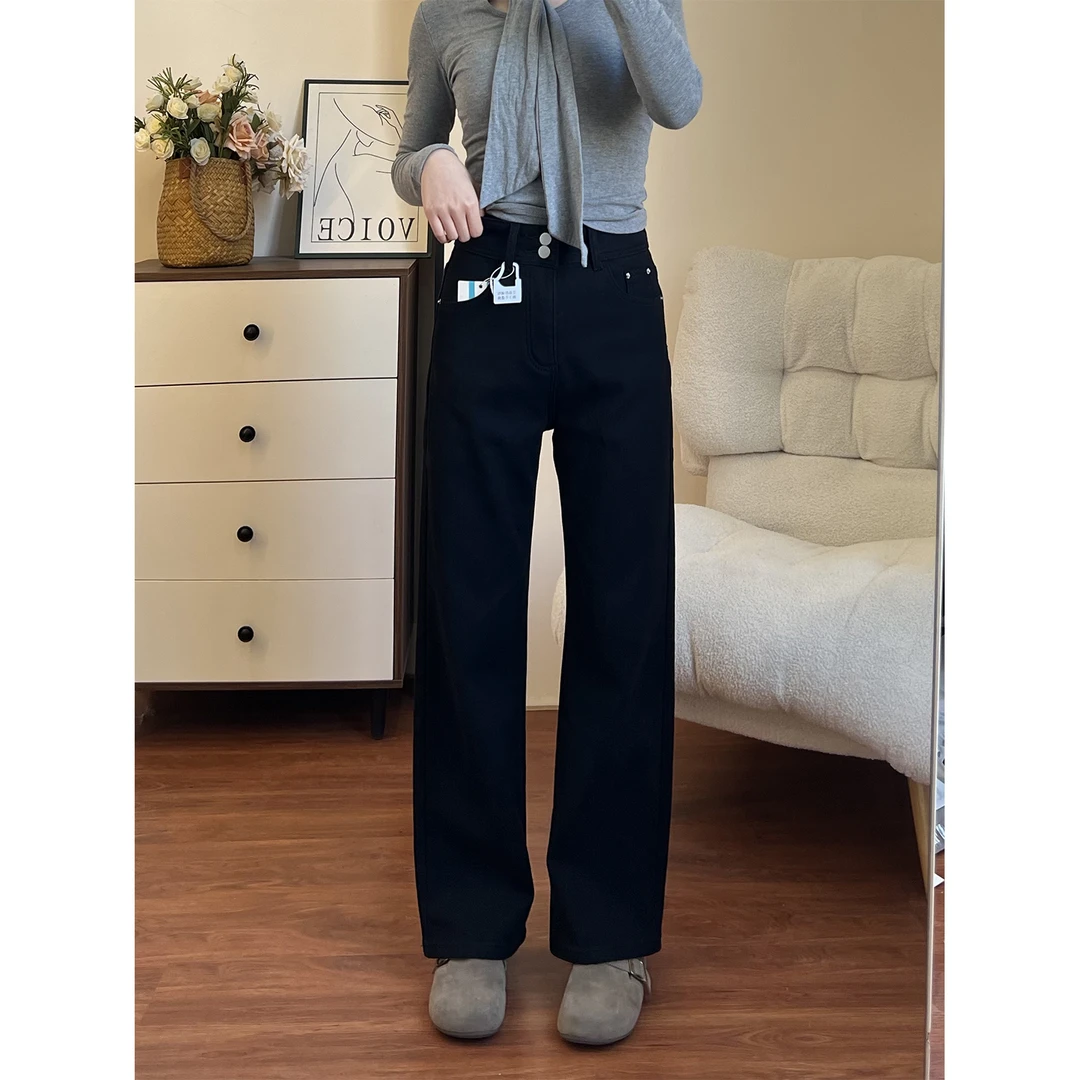 时尚刺绣高腰窄版直筒牛仔裤女春季新款梨型身材遮胯显瘦阔腿长裤