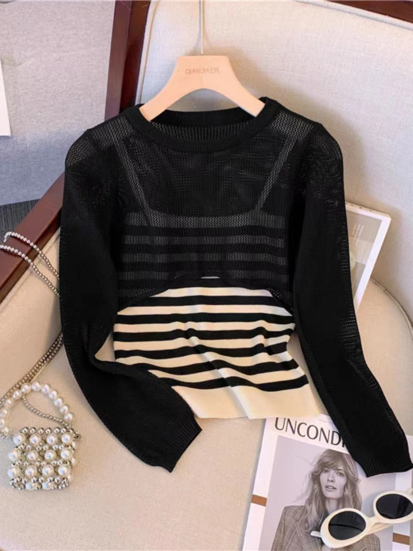 7959长袖针织衫秋季一字肩百搭显瘦打底衫女