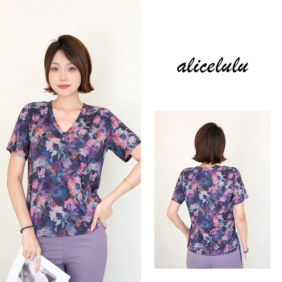 [alicelulu]夏季洋气油画风印花宽松正肩V领T恤S2143869L