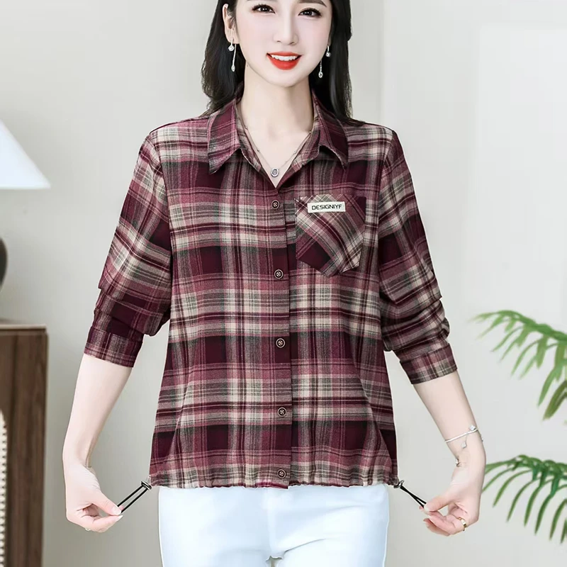 春秋女士格子衬衫格子春秋妈妈装上衣长袖显瘦