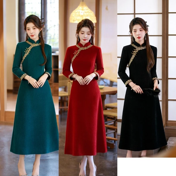 知秋-2025年新款A版喜妈妈旗袍秋冬款长款时尚显瘦复古高档旗袍裙