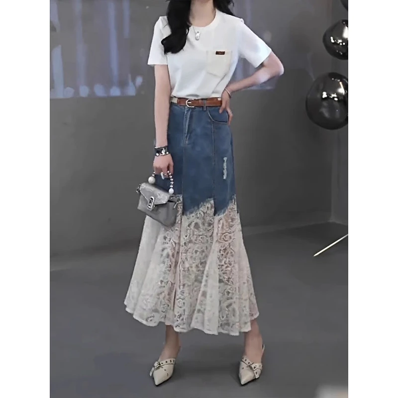 2025夏洋气收腰显瘦时尚气质蕾丝拼接牛仔半身裙女法式设计感半裙