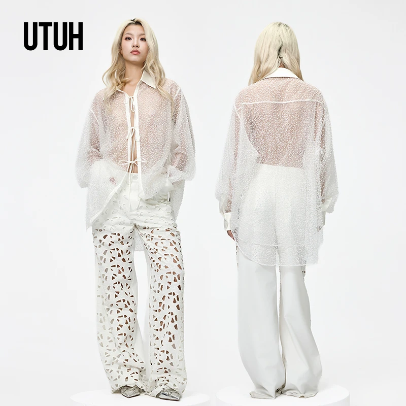 UTUH 白色银线镂空蕾丝透视重工立体珍珠刺绣奢感衬衫 TUWWR1C115