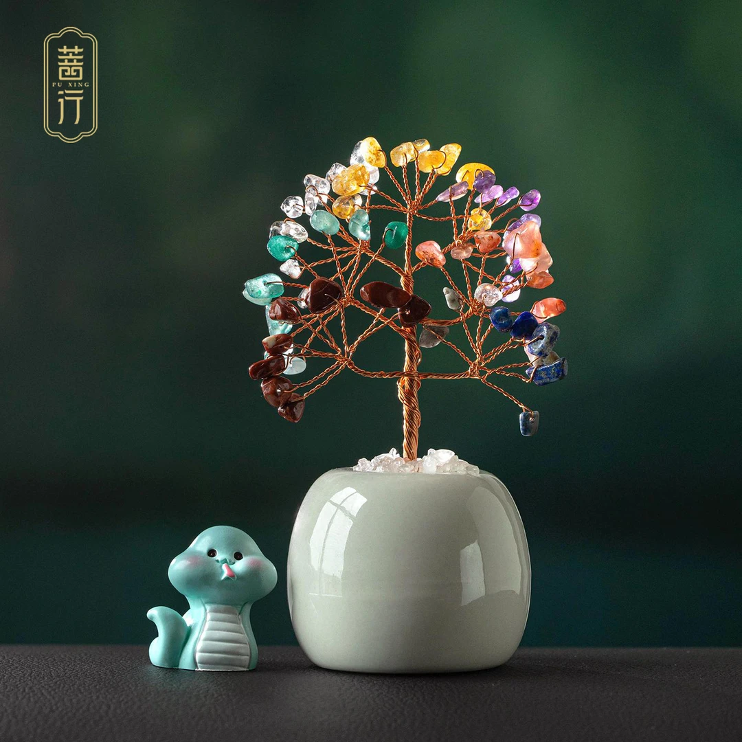 十二生肖七彩水晶发财树车内中控台装饰品摆件好运乔迁礼物招财树