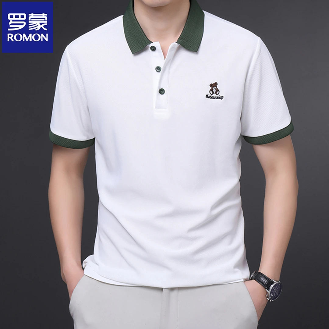 Romon/罗蒙小熊刺绣翻领Polo衫男士休闲透气短袖T恤夏季宽松上衣