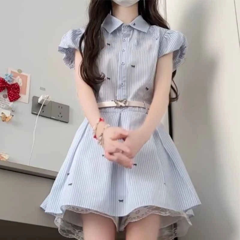 韩系穿搭学院风小个子蓝色条纹衬衫连衣裙子女时尚收腰短裙女装