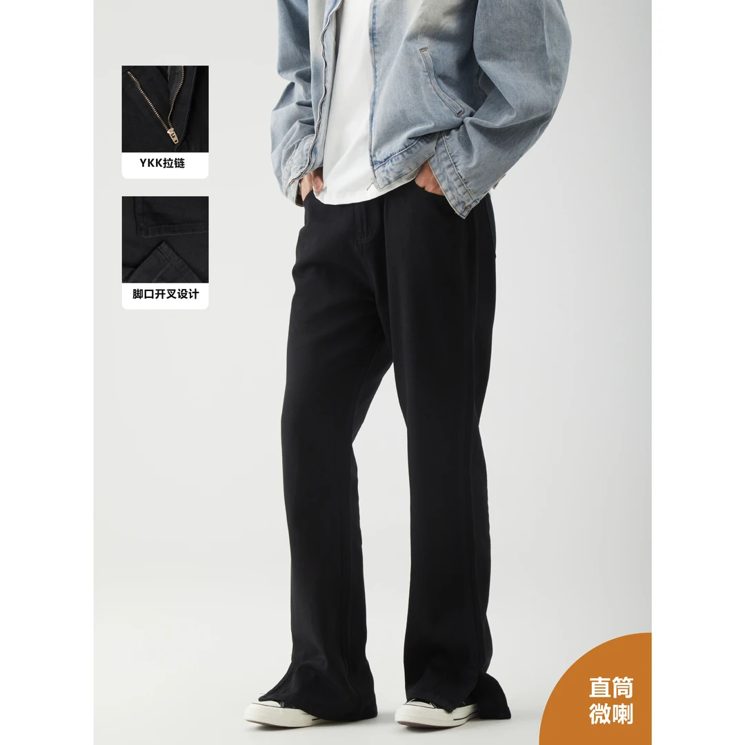 怪兽实验室美式休闲直筒微喇裤脚开叉黑色简约牛仔裤百搭长裤