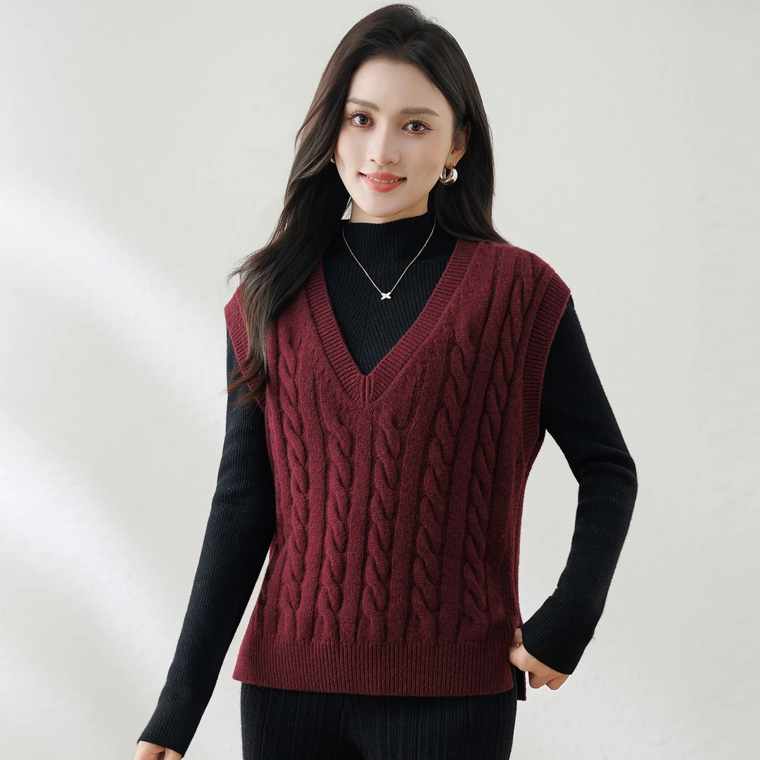 【100% 山羊绒】秋冬V领绞花针织背心女宽松灰色羊绒无袖CVM0002