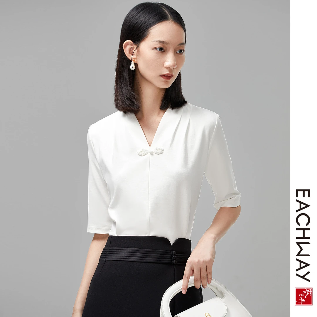 1S23D0304782弹力修身盘扣V领上衣女春夏职业百搭中袖内搭T恤