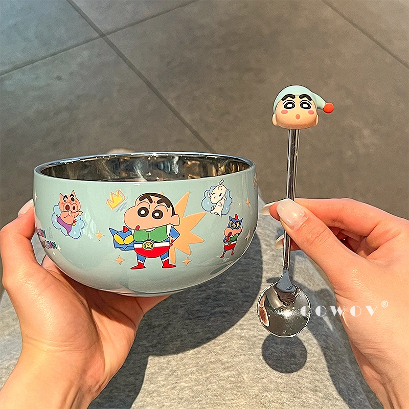 蜡笔小新不锈钢饭碗带勺双层耐摔高颜值儿童餐具汤碗家用生日礼物