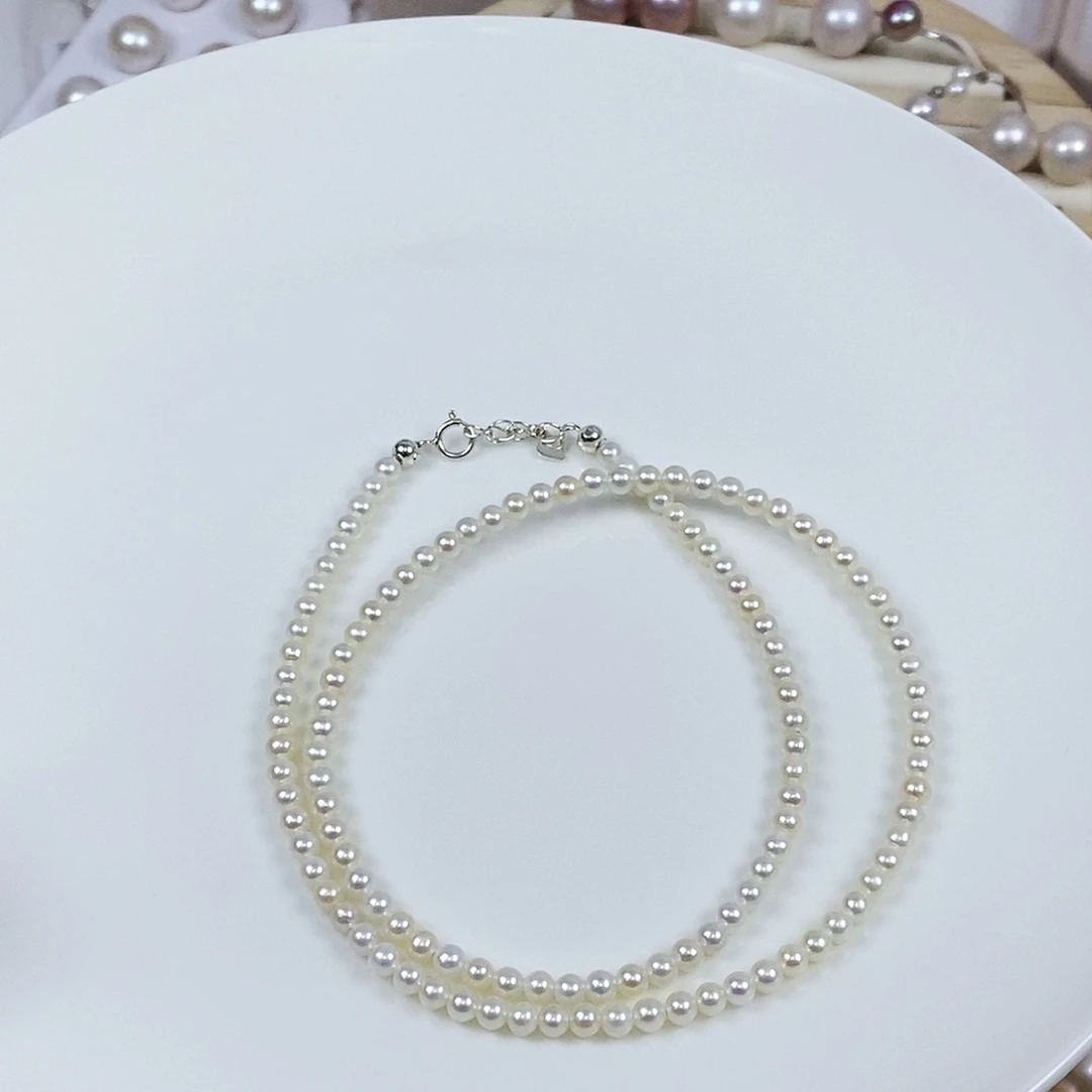 金***朵淡水珍珠白珍珠项链3-4m银S925镶嵌