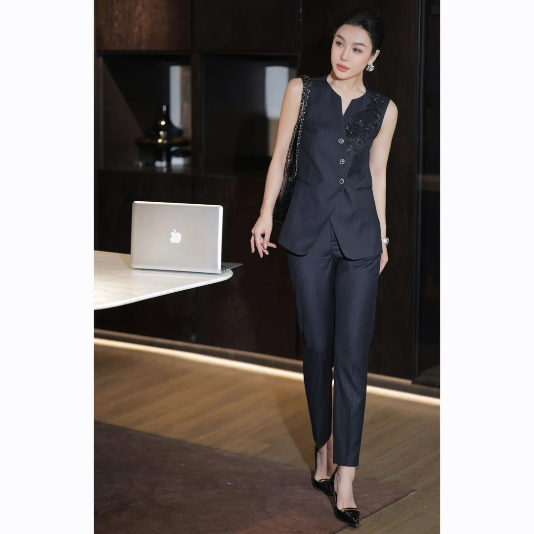 ZEROYK轻熟时尚套装御姐气质条纹西装马甲小脚裤通勤两件套