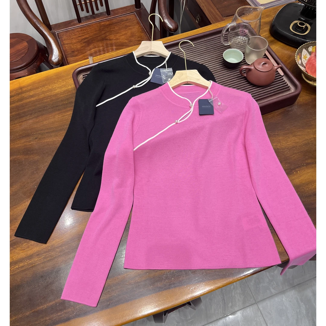 【小黑家】长57高端扬子纱超柔软撞色改良国风斜襟针织毛衣