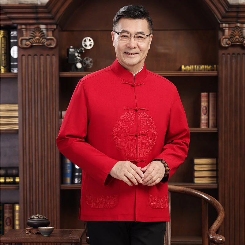 唐装男中老年人龙门刺绣手工盘扣爷爷外套爸爸装中国风上衣秋