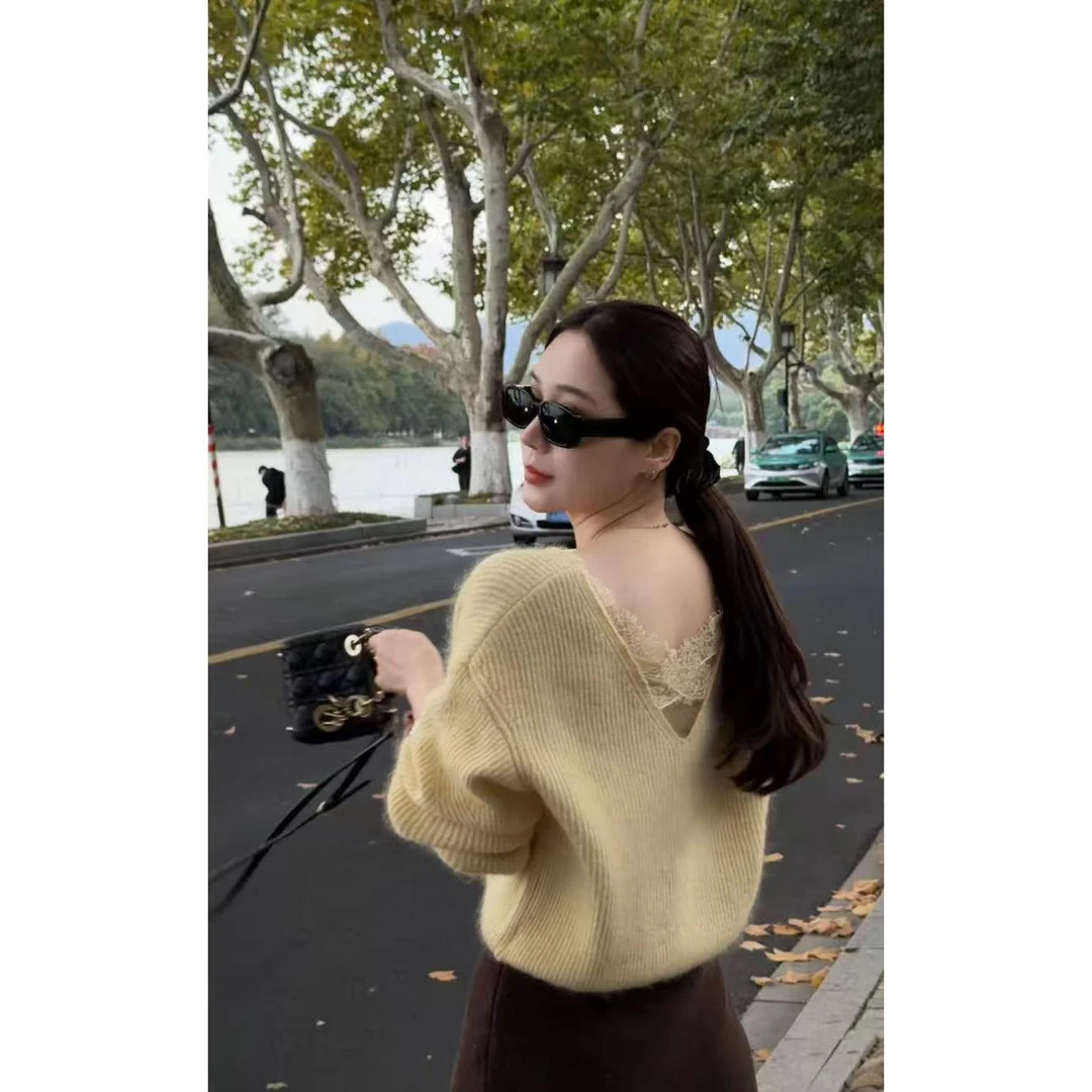 Mei Jin 【悸动】进口高比例羊毛马海毛混纺v领蕾丝边针织毛衣
