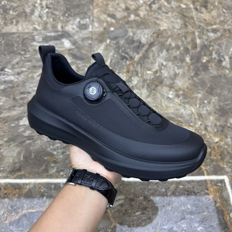 2025秋冬新款运动鞋黑色百搭厚底男鞋透气布面户外纽扣休闲男鞋潮