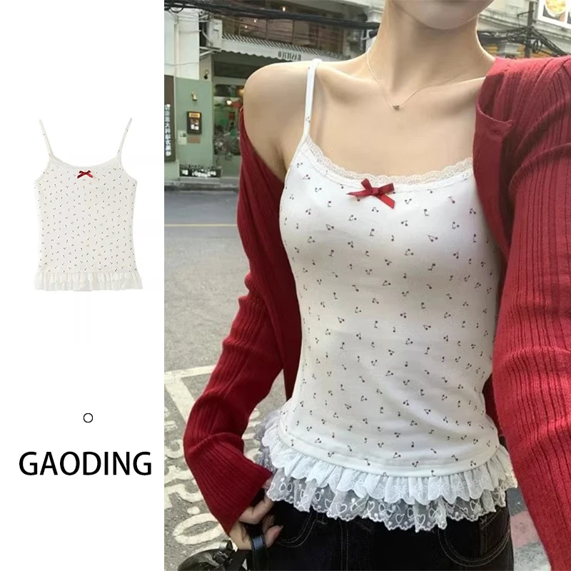 纯欲辣妹白色拼接蕾丝花边下摆无袖吊带背心女夏日甜美好看上衣潮