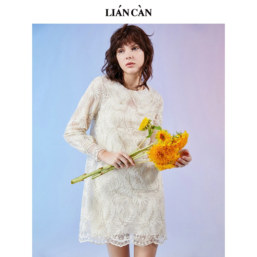 莲灿2024年秋冬新款减龄绣花雪纺蕾丝气质长袖连衣裙7121320010