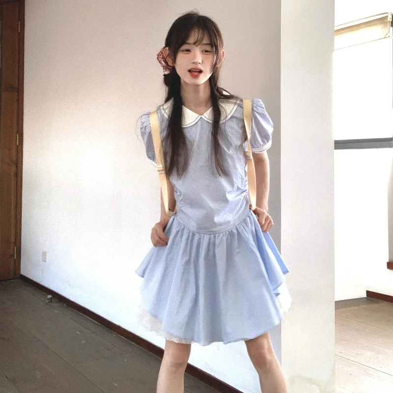 学院风娃娃领蓝色条纹短袖衬衫连衣裙子女夏季收腰公主短裙2537
