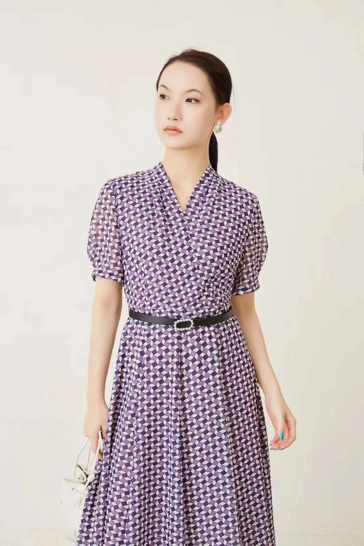 Ditto/迪图V领气质紫色格纹连衣裙850