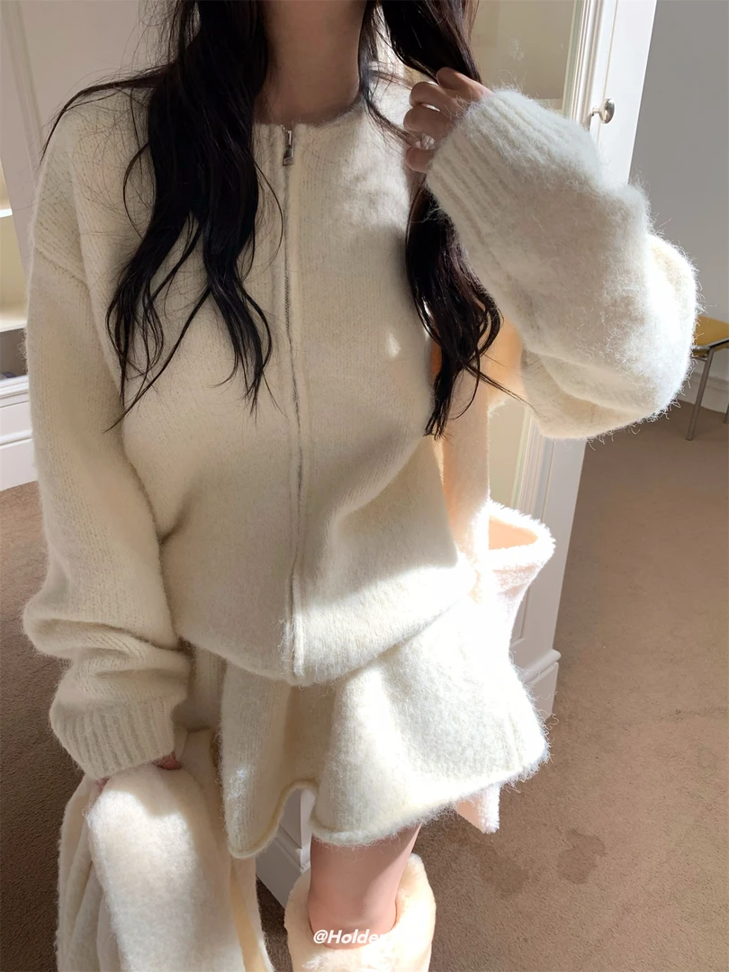 秋冬新款韩版宽松慵懒风拉链针织开衫外套高腰显瘦半身裙毛衣套装