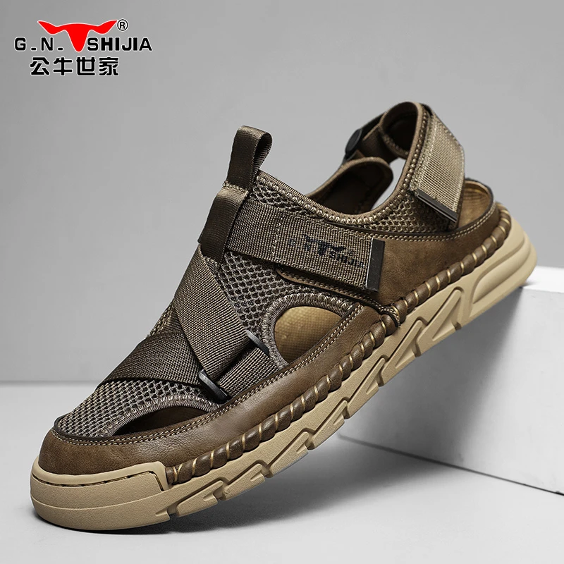 公牛世家豆豆鞋男夏季外穿防滑溯溪包头凉鞋网面透气运动男士凉鞋