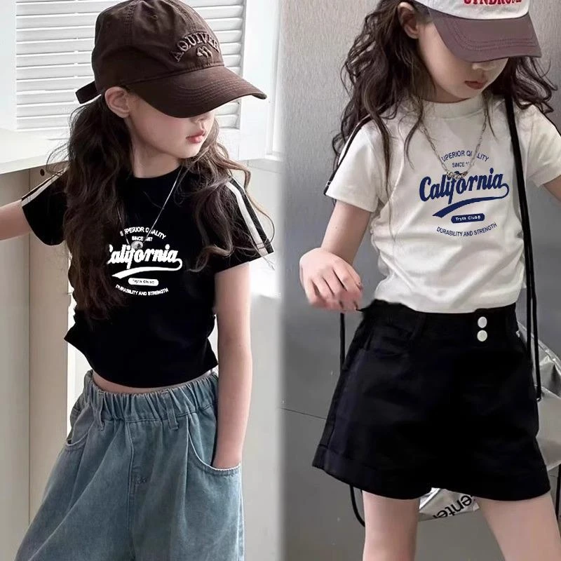 女童12-15岁短款修身T恤2025夏季小字母中独特洋气女童夏装套装