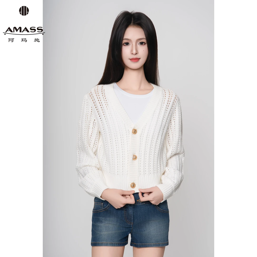AMASS/阿玛施春秋新款时尚气质小香风v领镂空长袖针织开衫5499159