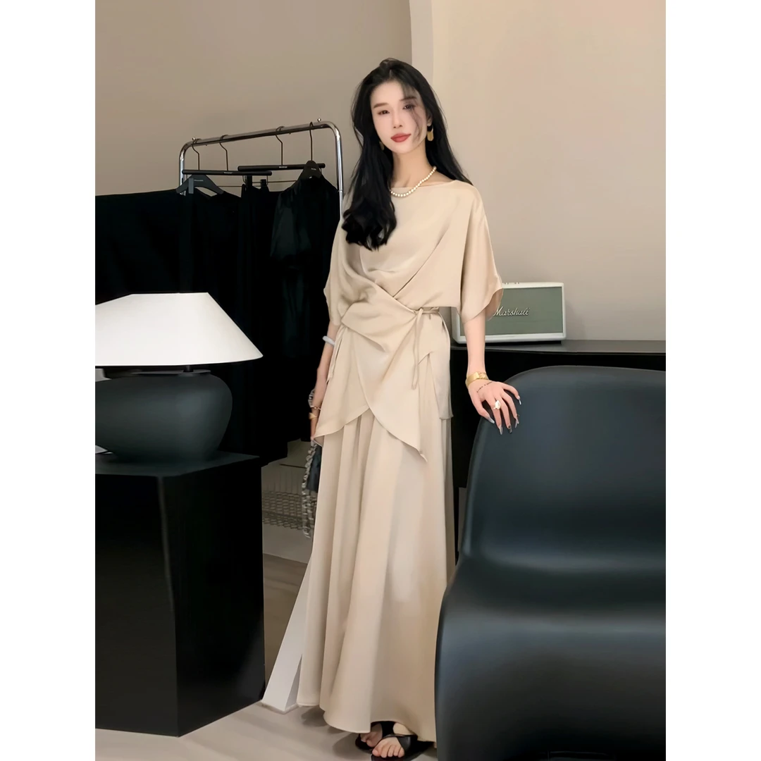 夏季新款大码交叉系带衬衫半身裙女套装胖mm遮肚气质两件套裙长裙