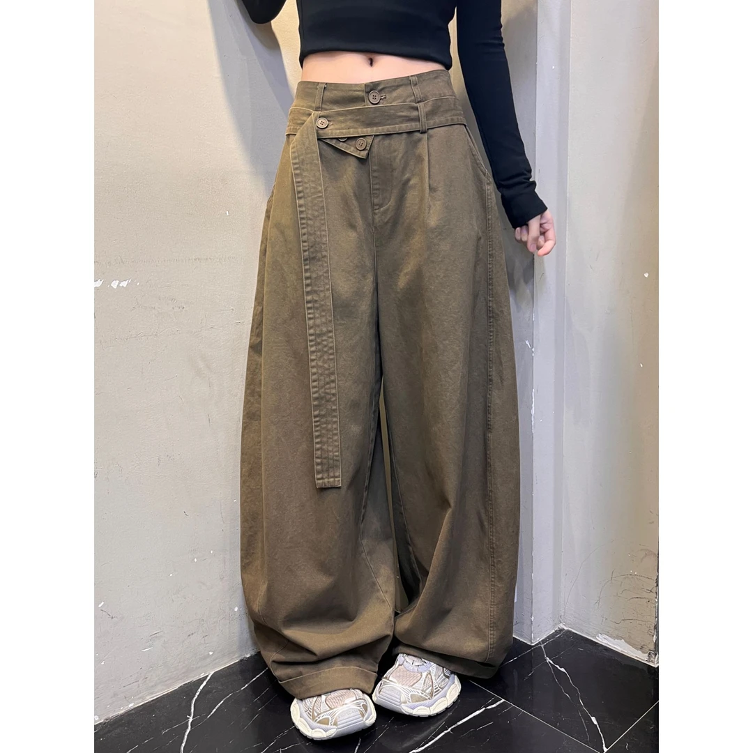 凡Fan【曼彻交錯】秋季裤脚翻边带飘带设计慵懒垂感宽松拖地裤