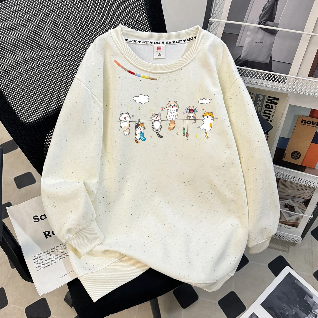 刺绣彩点双纱圆领常规款女款休闲薄款春秋季卫衣长袖宽松时尚印花