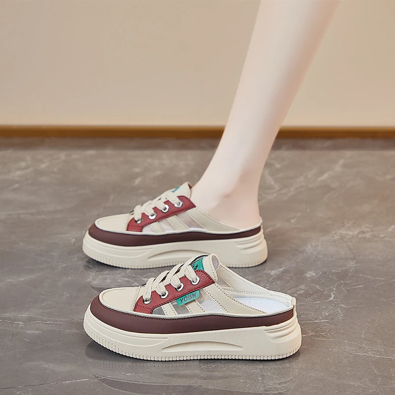 厚底增高半拖鞋女2025新款夏季外穿松糕底包头凉鞋镂空透气小白鞋