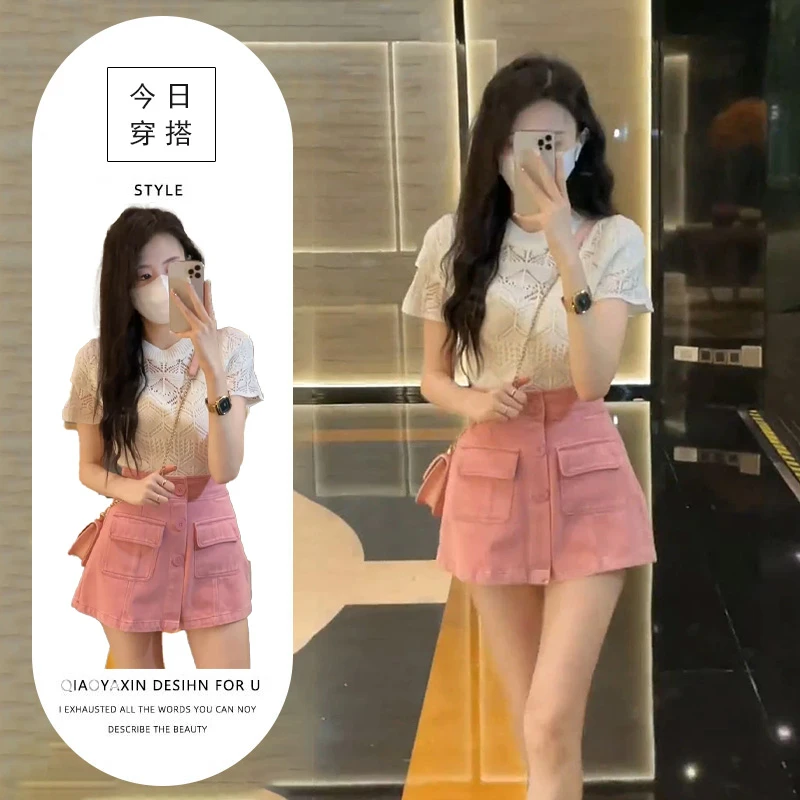 【送运费险】2025年夏装韩系百搭针织短袖女小个子显瘦牛仔裙两件套
