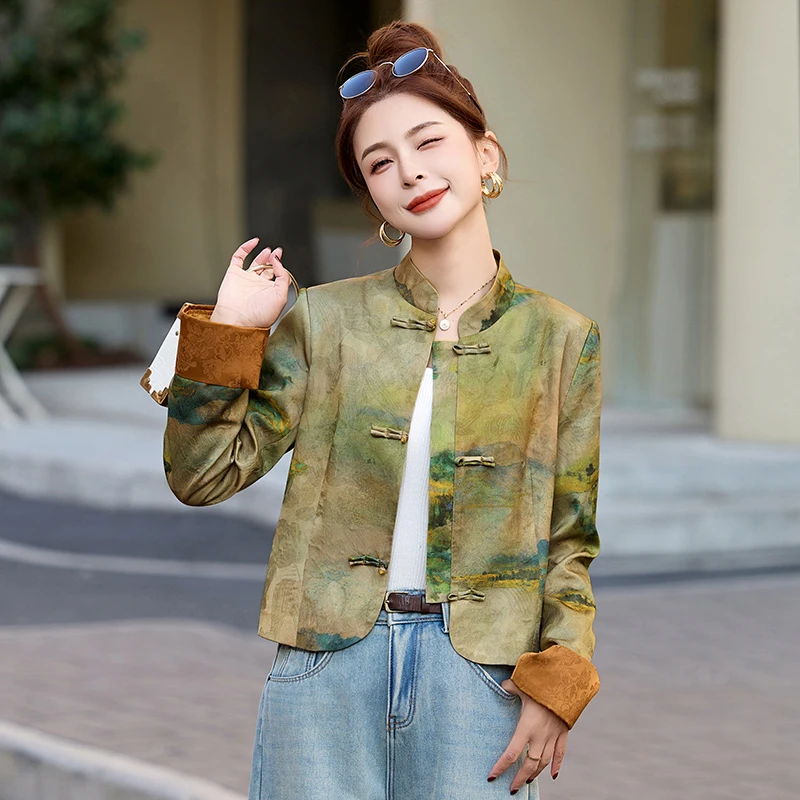 新中式国风外套女春新款复古水墨画立领盘扣洋气2025显瘦唐装上衣
